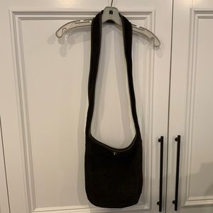 Dark brown suede and leather trim crossbody bag